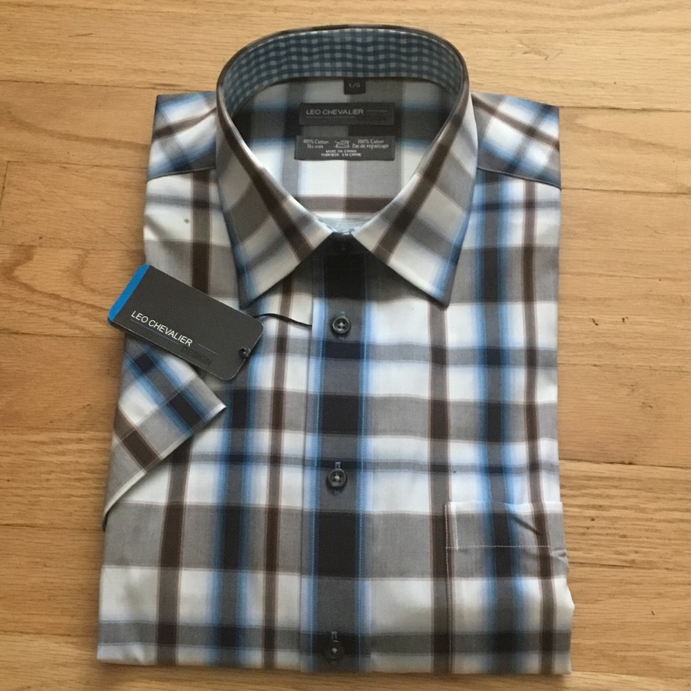 Men's Blue and Brown Plaid Short-Sleeve Button-Down Shirt